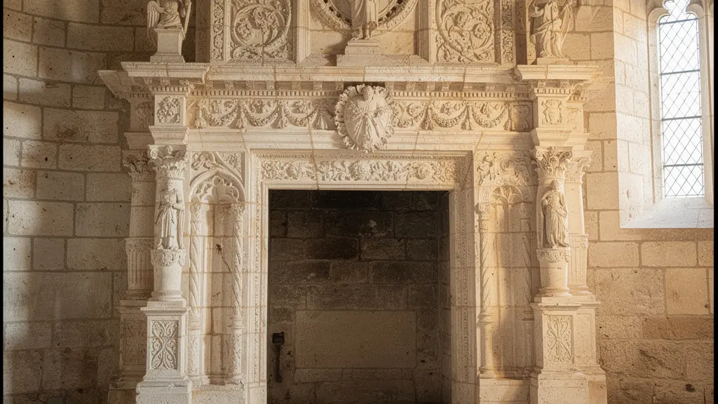 Cheminée monumentale Renaissance sculptée dans une salle du château de Gordes