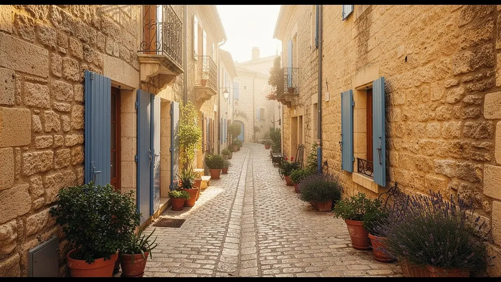 Ruelle pavée typique de Gordes avec ses volets bleus et ses pots de fleurs, déserte aux premières heures
