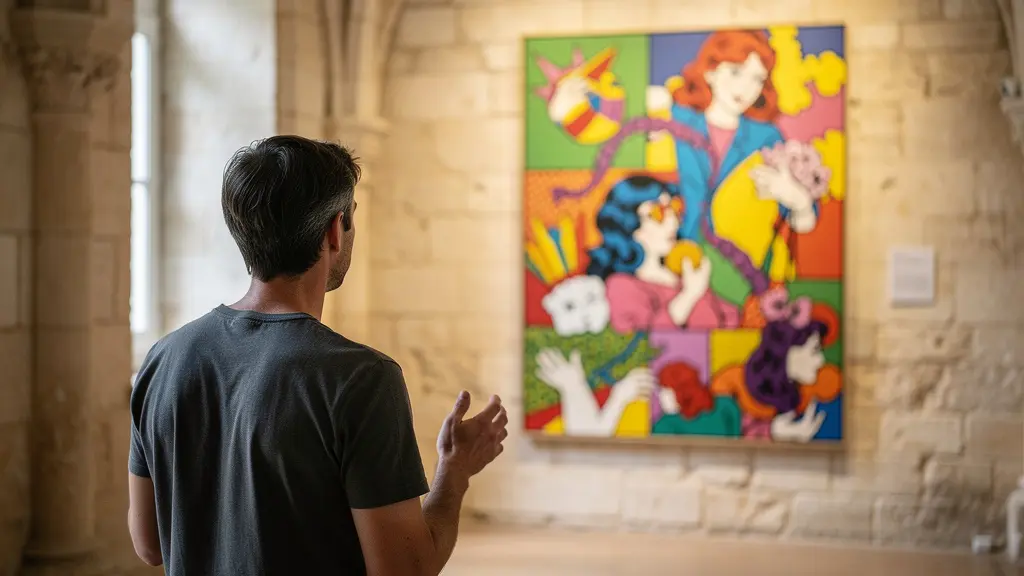 Visiteur contemplant une toile colorée de Pol Mara dans une salle voûtée du château de Gordes