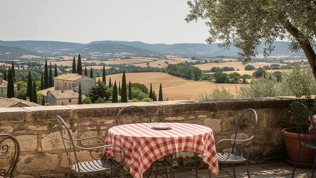 Terrasse de café ombragée avec vue panoramique sur la vallée du Luberon depuis Gordes