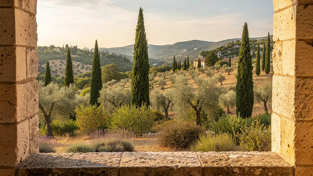 Vue panoramique sur la vallée du Luberon depuis une fenêtre du château de Gordes