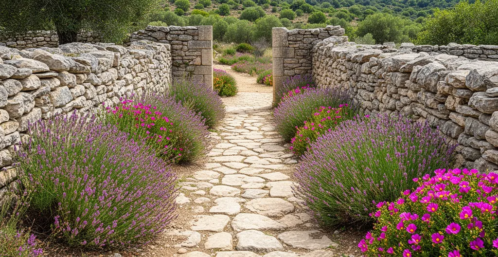 Chemin d'accès au Village des Bories avec végétation provençale typique