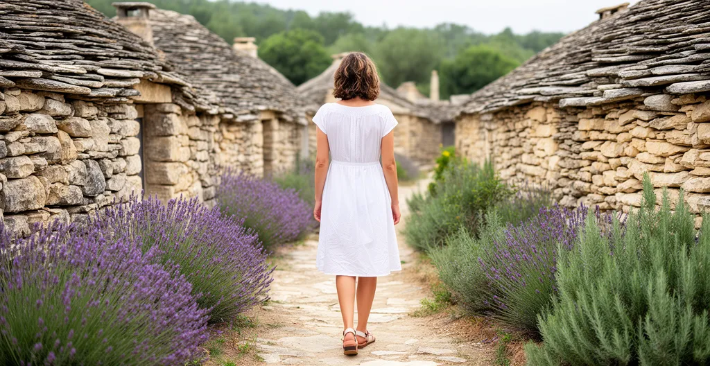 Visiteuse explorant le sentier entre les bories du village provençal