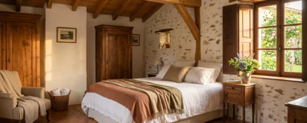 Intérieur d'une chambre d'hôtes vendéenne authentique avec poutres apparentes, mobilier traditionnel et lumière naturelle dorée