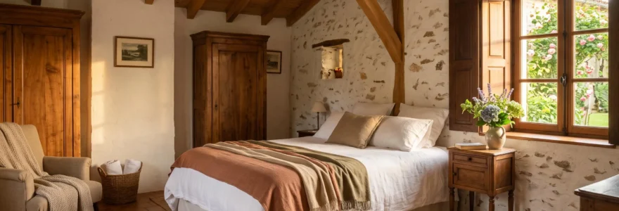 Intérieur d'une chambre d'hôtes vendéenne authentique avec poutres apparentes, mobilier traditionnel et lumière naturelle dorée