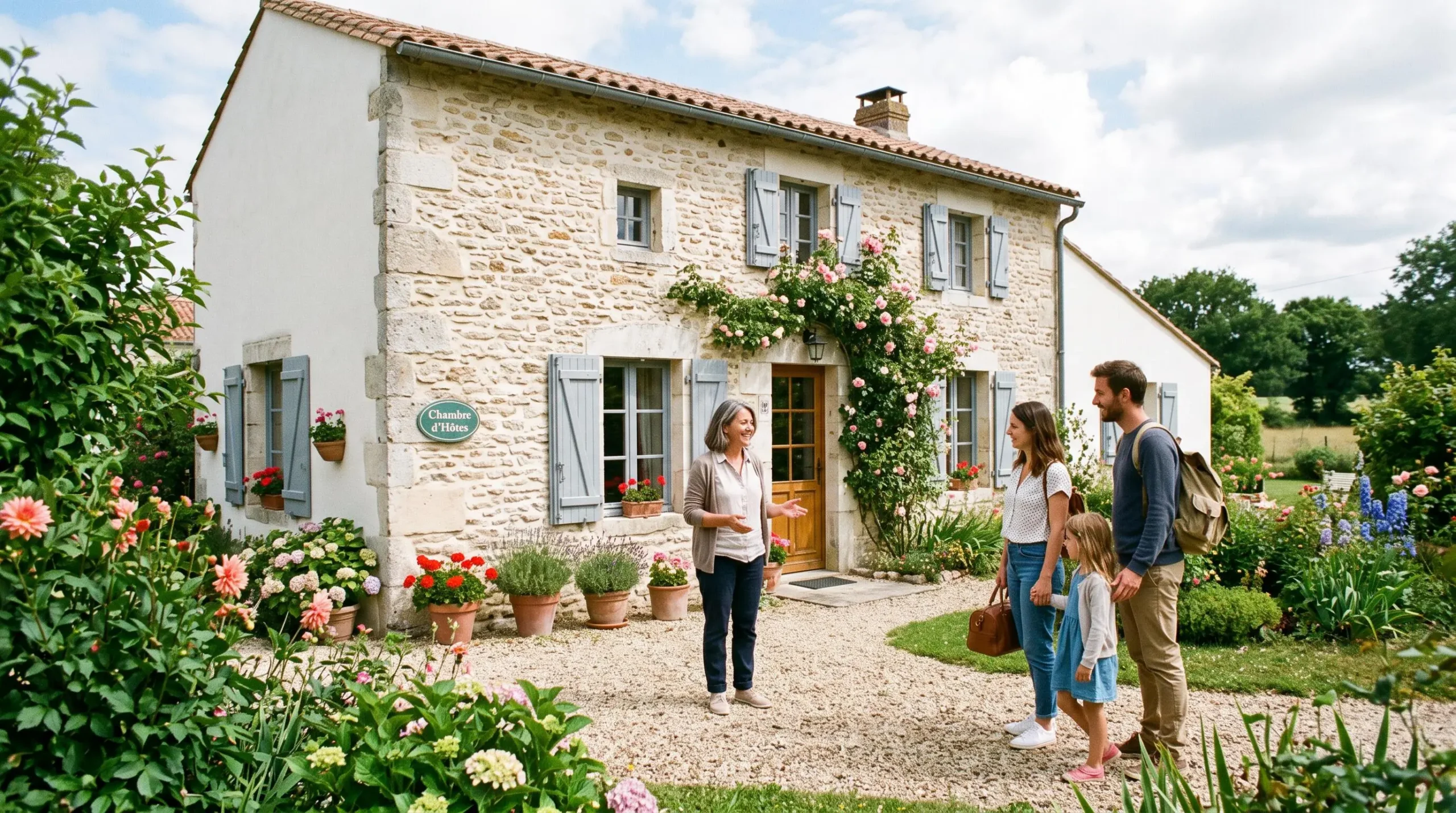 Façade d'une maison vendéenne traditionnelle servant de chambre d'hôtes avec propriétaire accueillant une famille dans un jardin fleuri