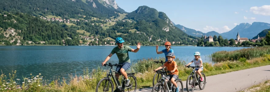 Famille de quatre personnes circulant en vélo électrique sur la piste cyclable du lac d'Annecy, avec vue sur le lac et les montagnes