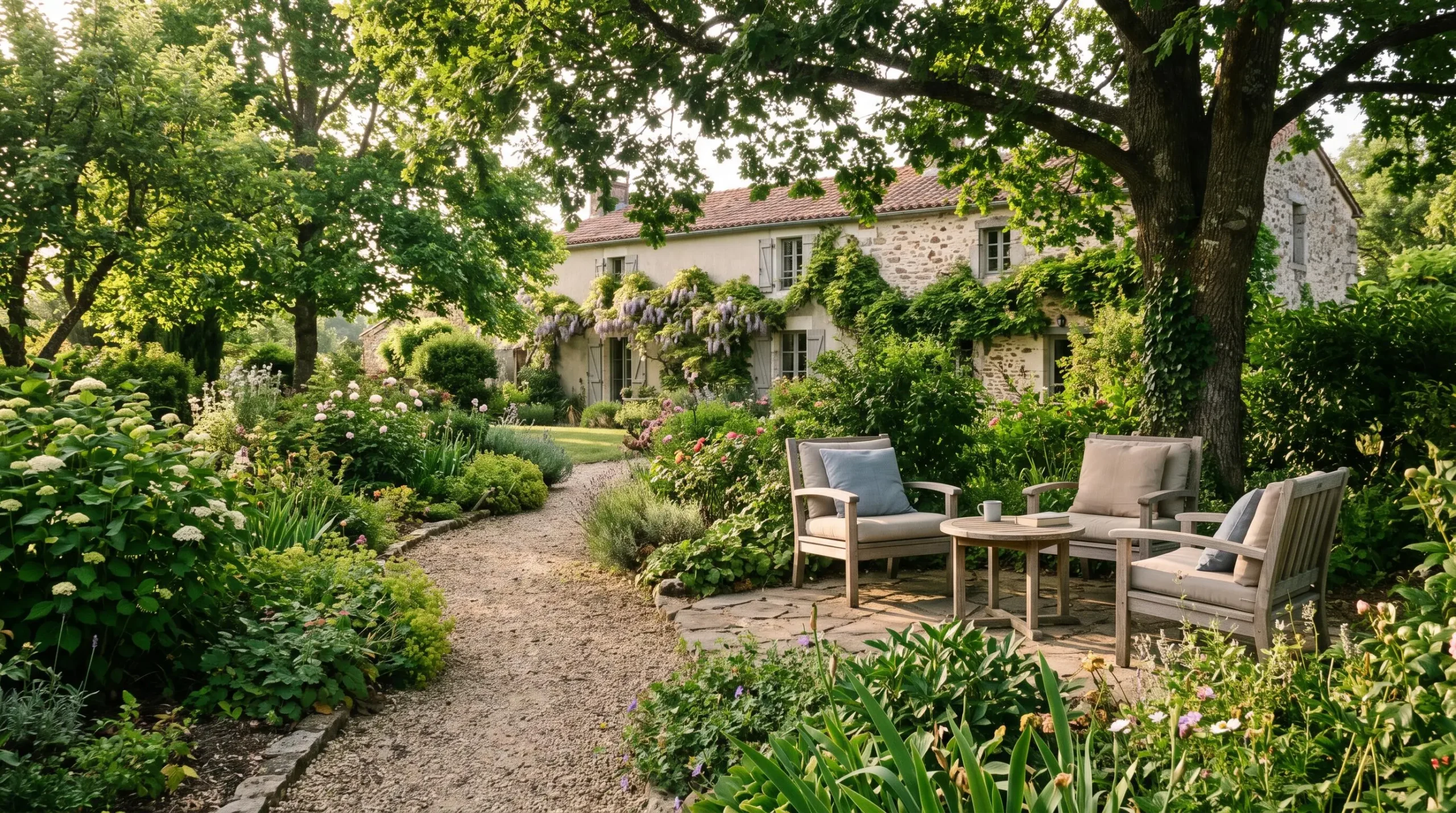 Jardin privé paisible d'une chambre d'hôtes vendéenne avec salon de jardin à l'ombre des arbres et végétation luxuriante