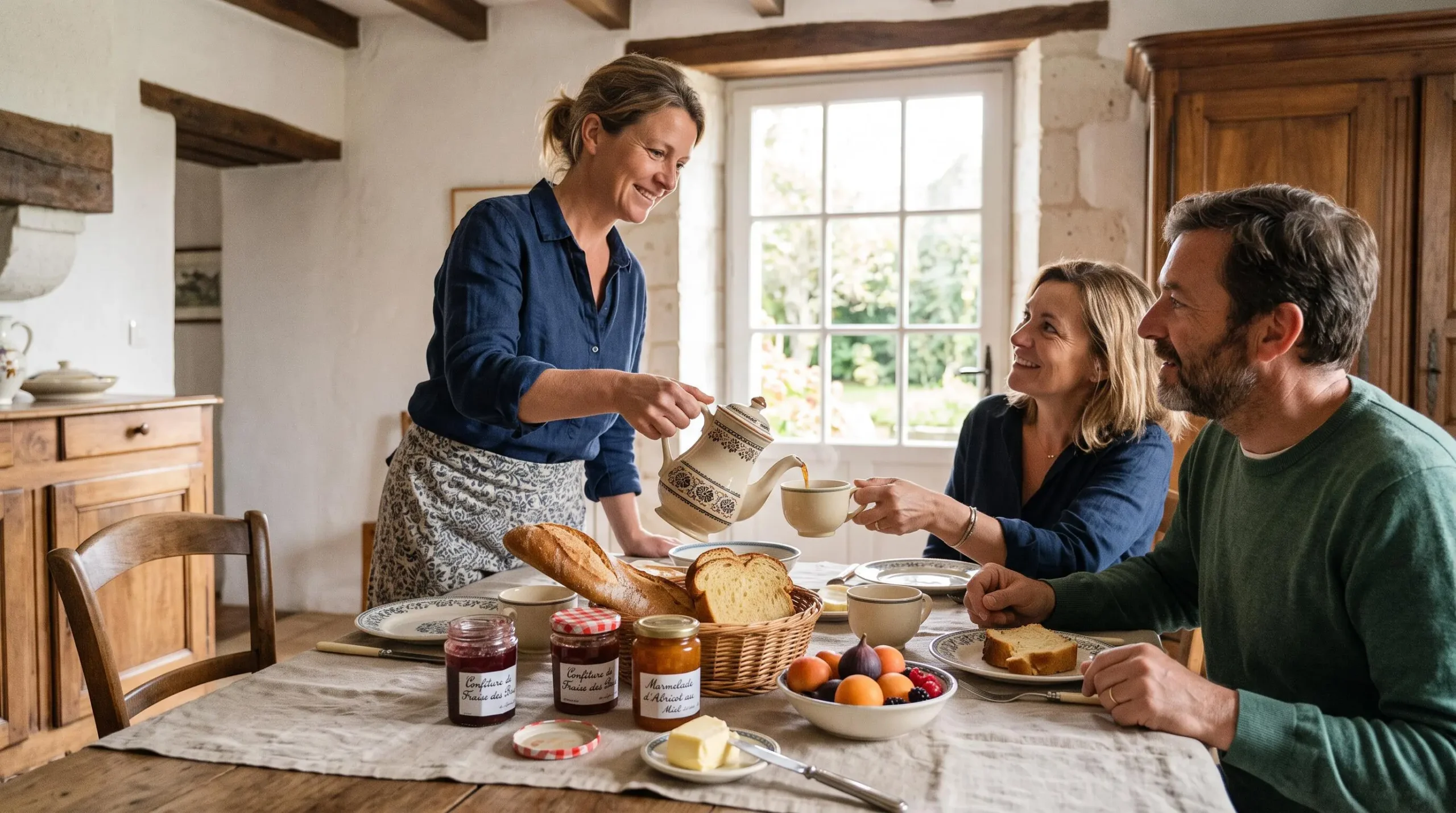 Hôtesse servant le petit-déjeuner avec produits locaux à des invités dans la salle à manger d'une chambre d'hôtes vendéenne