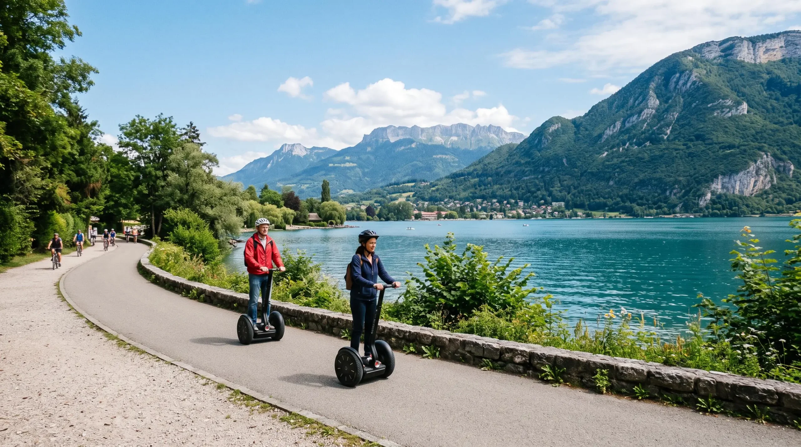 Deux personnes circulant en Segway sur la piste cyclable du lac d'Annecy, avec vue sur le lac et les montagnes